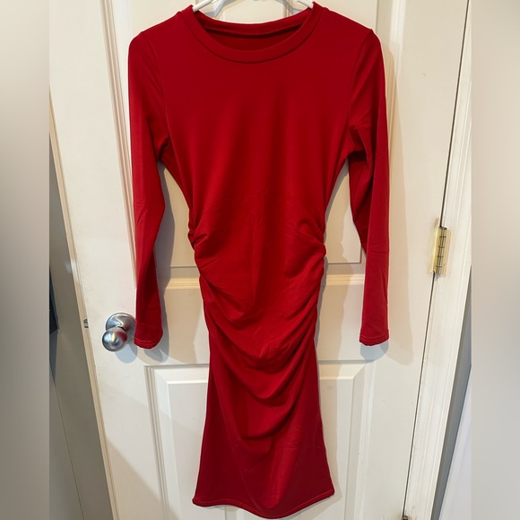 Amazon Women's Bodycon Ruched Long Sleeve Basic Midi Club Party Pencil Dress - Picture 4 of 4